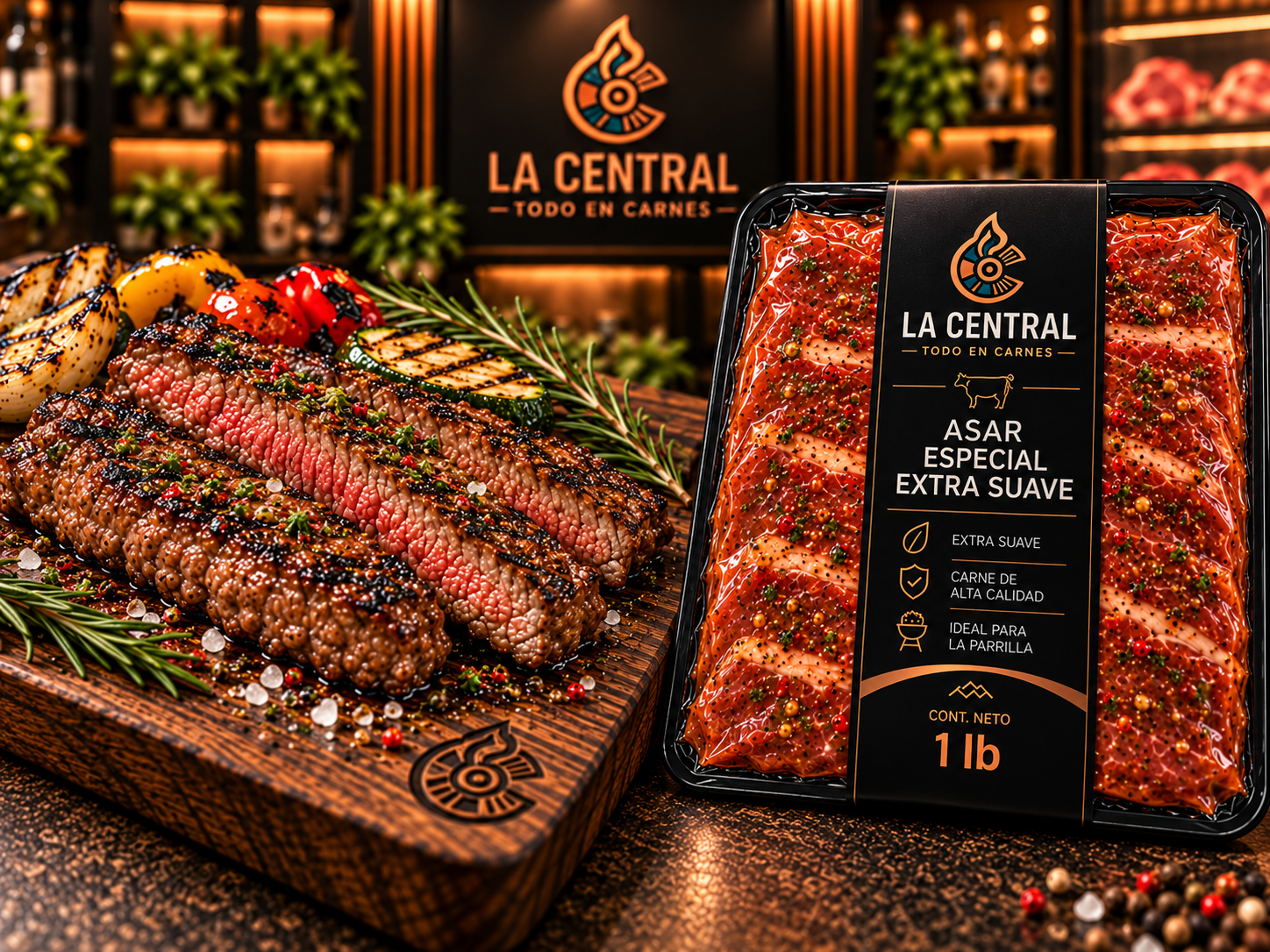Asar especial extra suave de res en empaque de 1 lb junto a corte cocinado