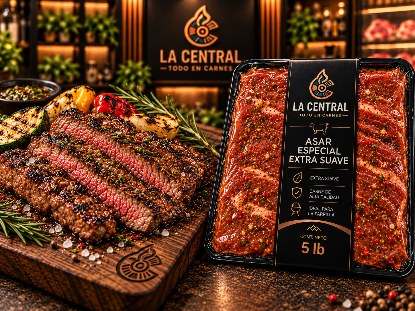 Asar especial extra suave de res en empaque de 5 lb junto a corte cocinado