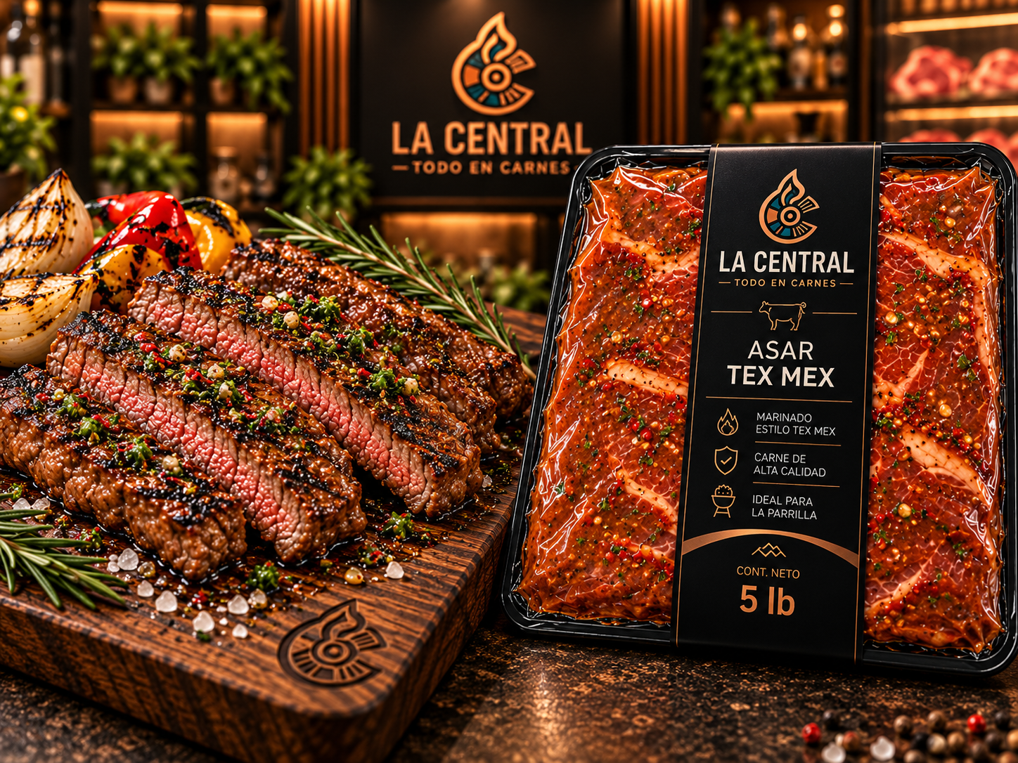 Asar Tex Mex de res empacado junto a corte cocinado