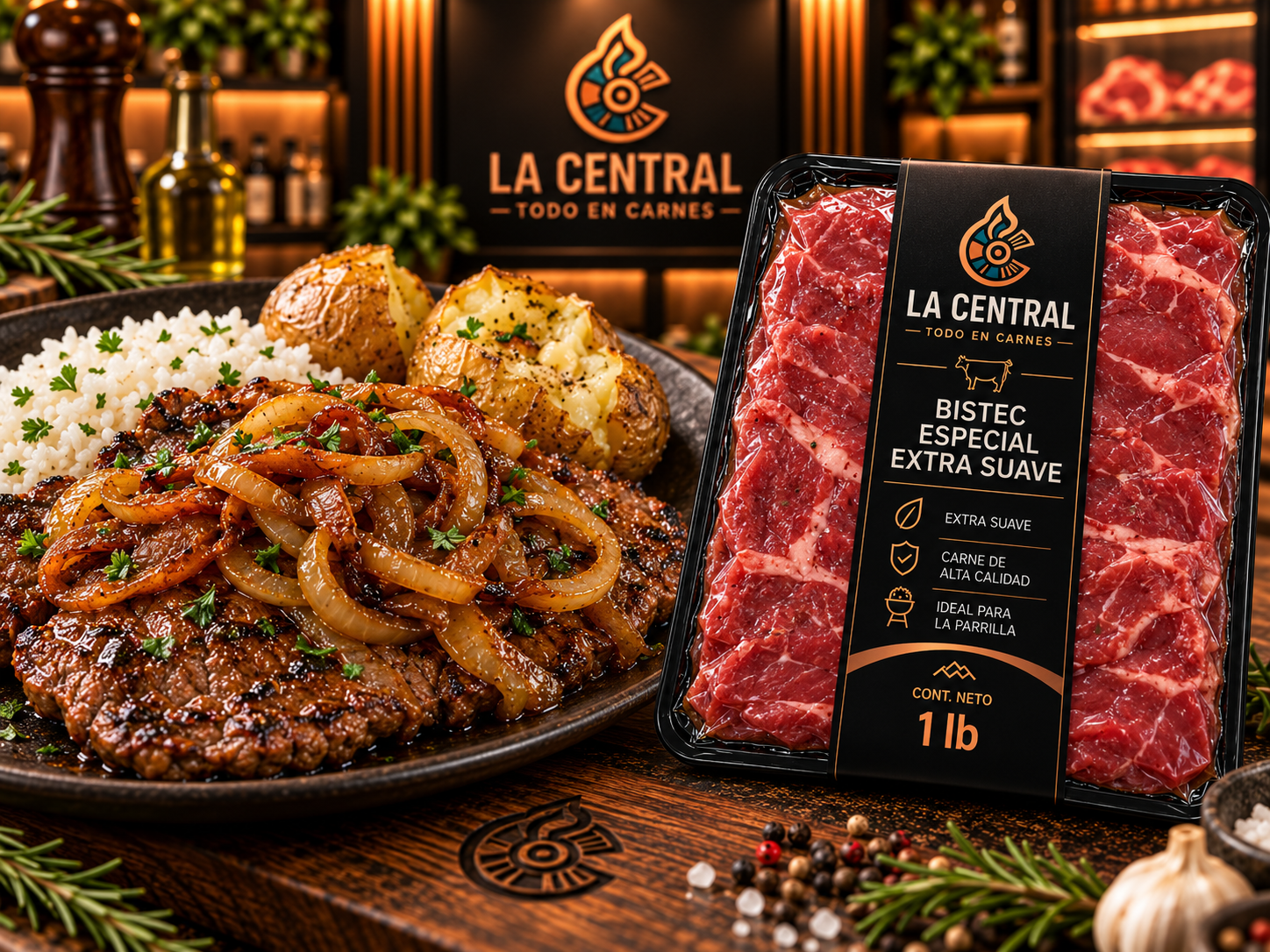 Bistec especial extra suave de res empacado junto a plato servido
