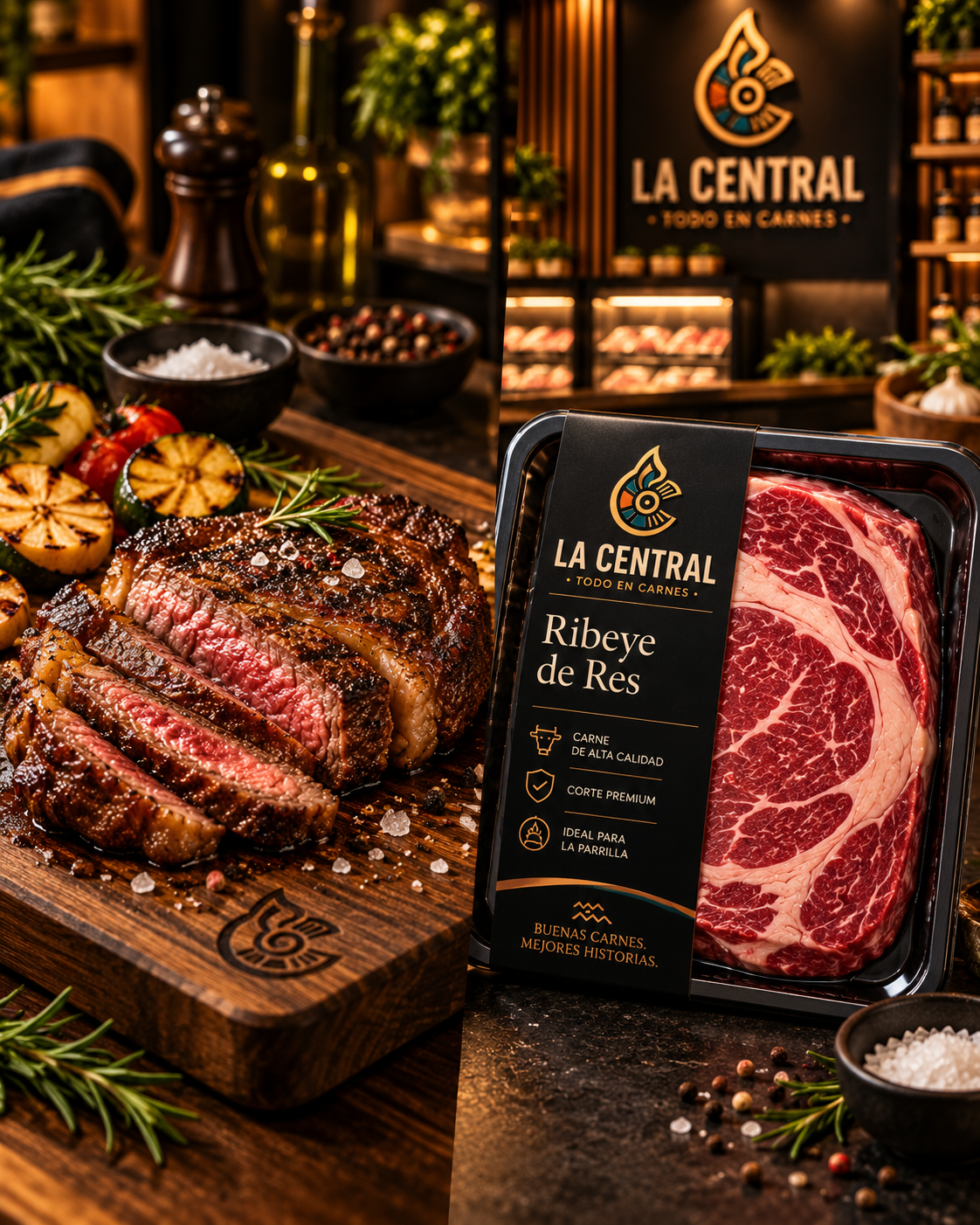 Ribeye de res empacado junto a corte cocinado