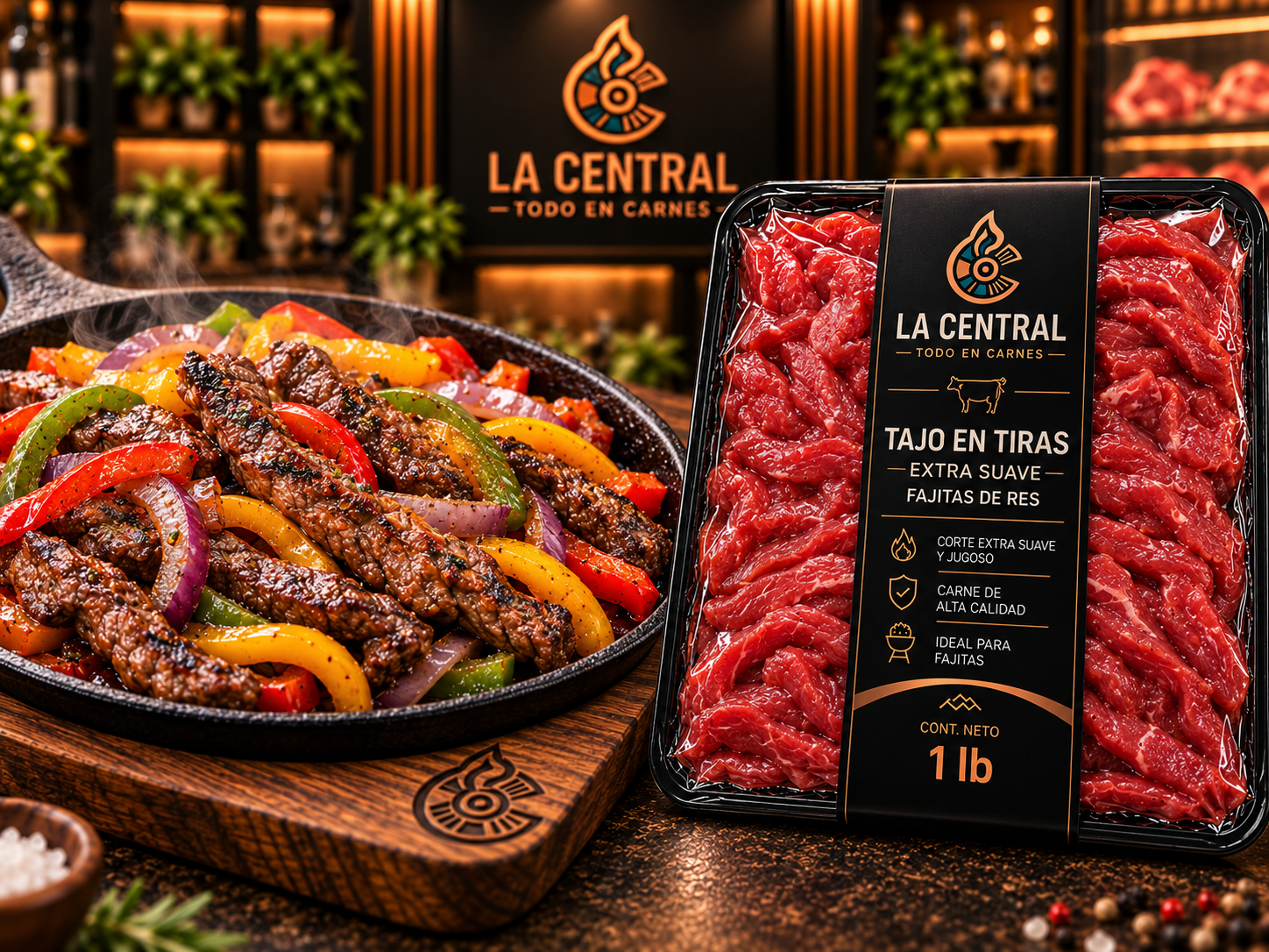 Tajo en tiras para fajitas de res empacado junto a fajitas cocinadas